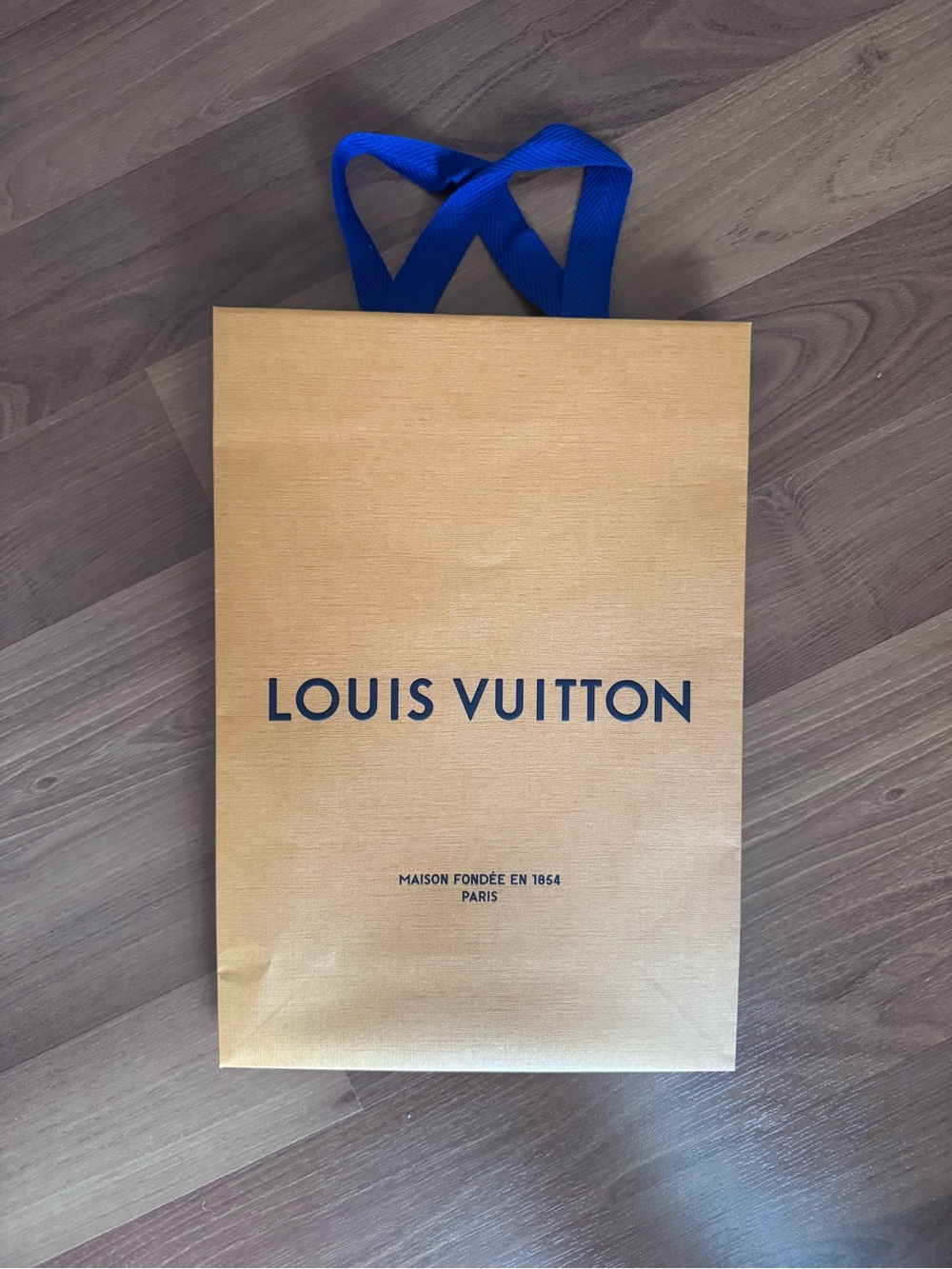 Louis Vuitton Tan Paper Shopping Bag with Blue Ribbon Handles